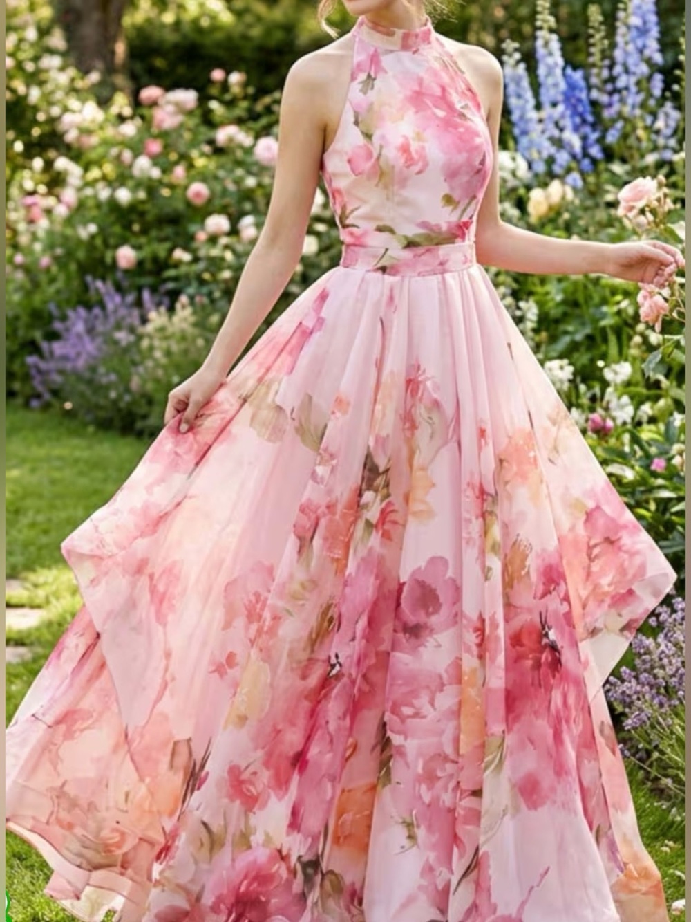 Pink Floral Halter Maxi Dress